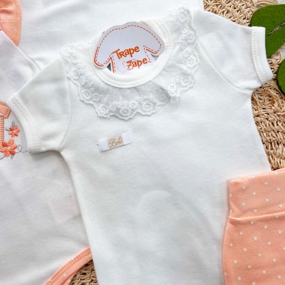 Conj. de Malha 3 peças - Casinha de Passarinho - Salmão e Off White